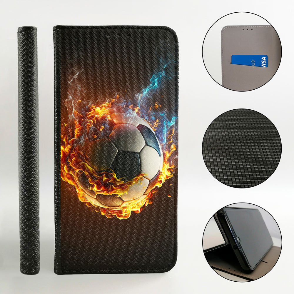 Hülle Huawei P20 Lite aus Kunstleder mit Motiv Fußball Feuer blauer Rauch